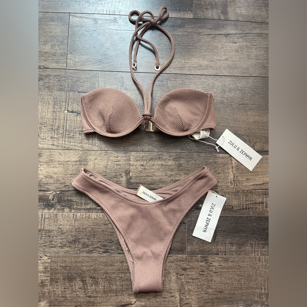 NWT Zulu and Zephyr Brown Bikini Set size Medium M balconette curve bottoms FP
